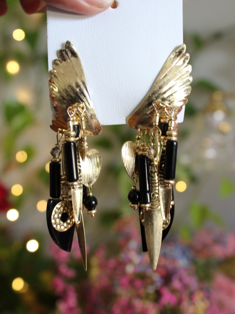 Free People Gold Wing Black Beaded Statement Dangle Earrings